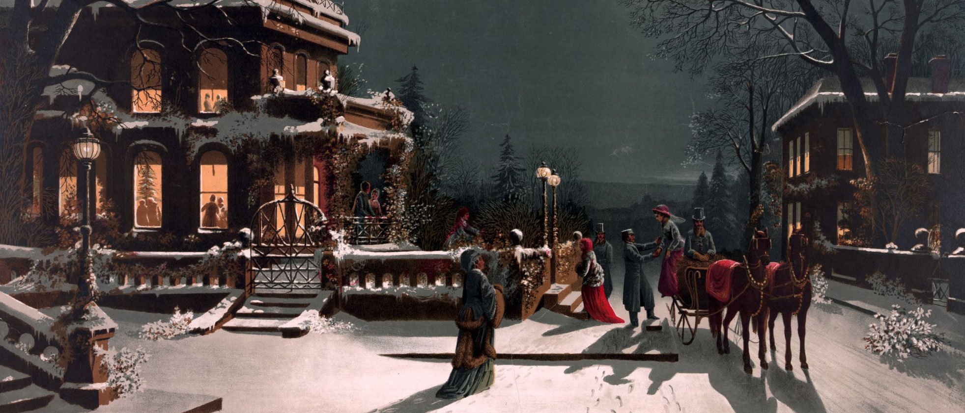 Winter scene: an illuminated house, people in Victorian dress, a horse-drawn carriage and snow under a clear night sky with a full moon.