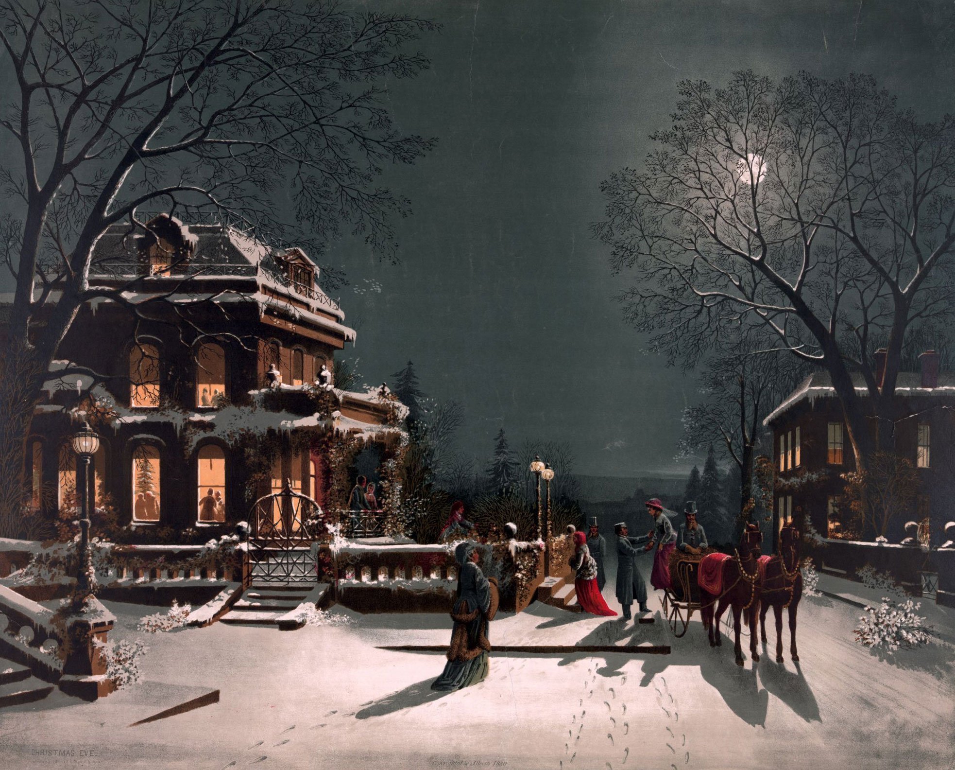 Winter scene: an illuminated house, people in Victorian dress, a horse-drawn carriage and snow under a clear night sky with a full moon.