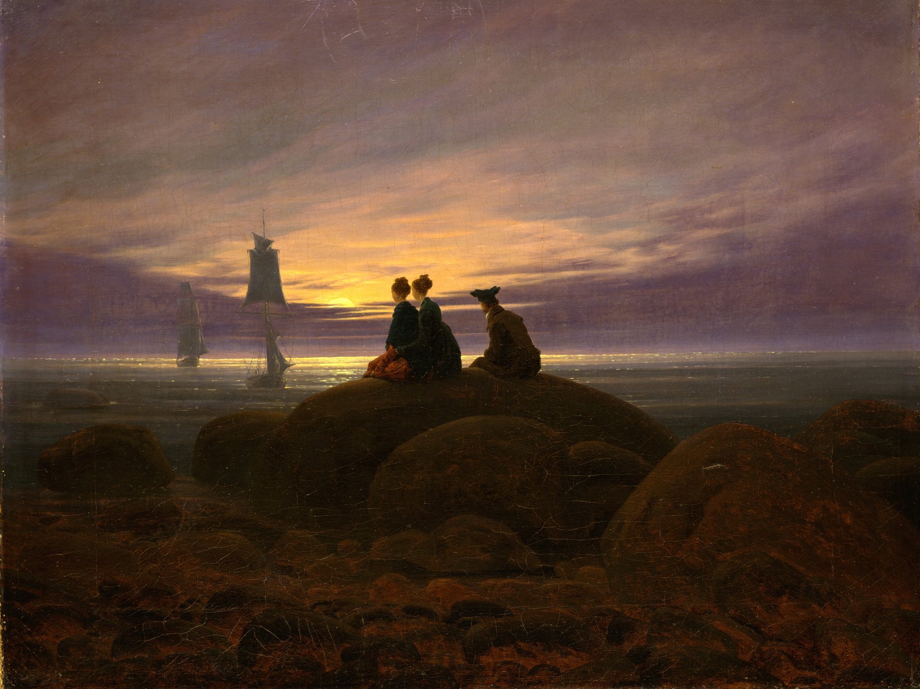 Painting: Three people sitting on a rock in front of a body of water at dusk. Sailing boats pass by on the water.