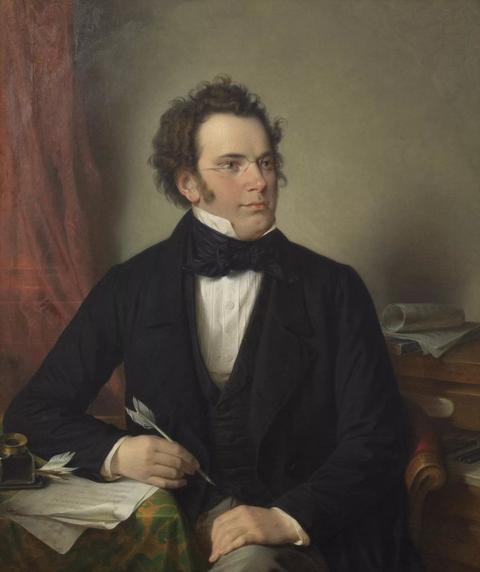 Painting: Franz Schubert in a suit sitting at a desk, pen in hand, looking to the side.