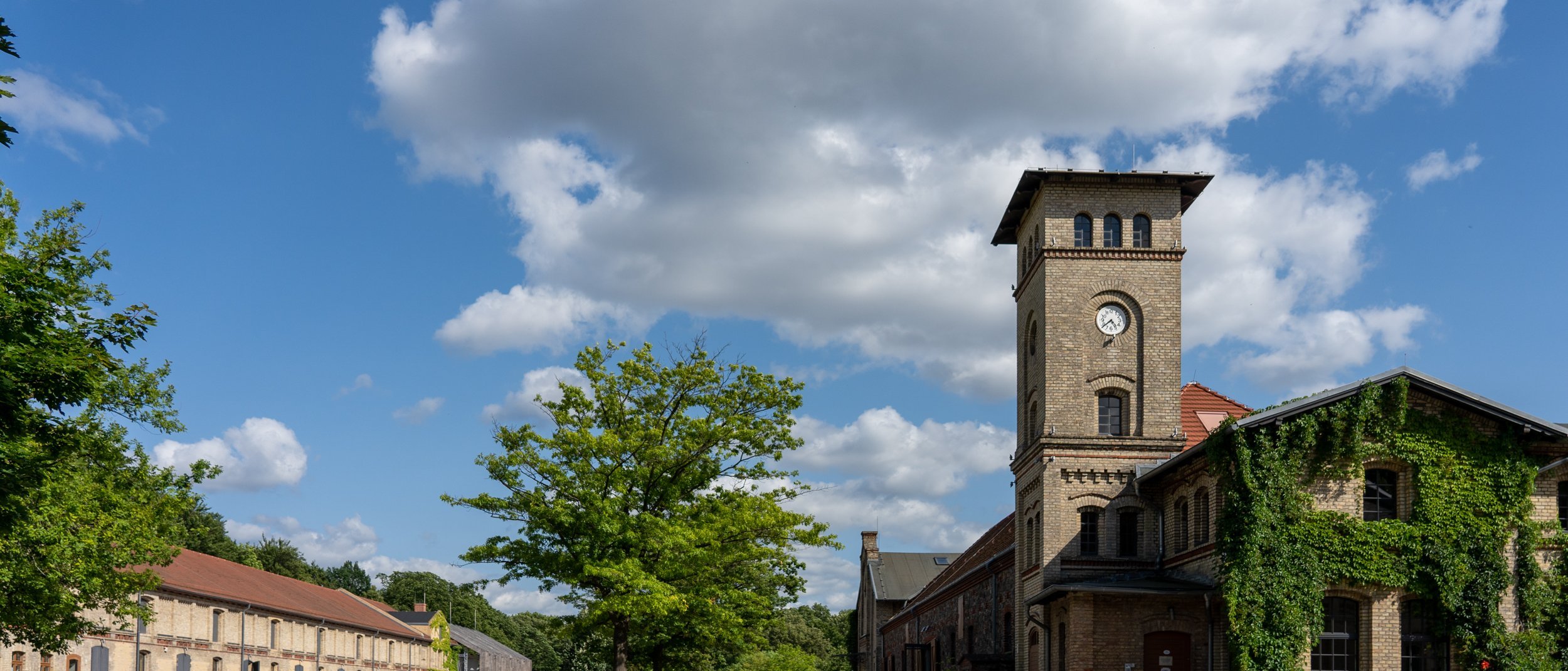 Historischer Gutshof mit Kopfsteinpflaster, einem Turm mit Uhr und Gebäuden mit roten Dächern sowie begrünten Fassaden unter einem blauen Himmel mit Wolken.