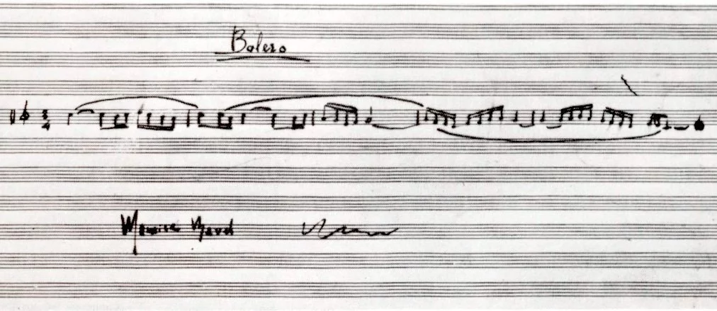 Ein Notenblatt mit dem Titel »Boléro«, darunter ist das Hauptthema in Noten geschrieben