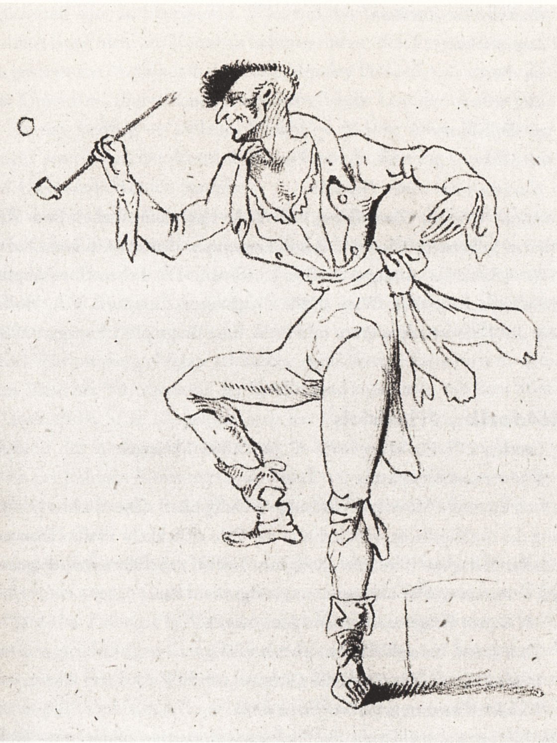 Drawing by E.T.A. Hoffmann. He is turned to the left, one leg and one arm bent. He is holding a tobacco pipe in his other hand.