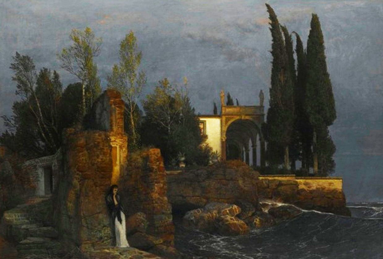 The picture shows a gloomy, nocturnal coastal landscape with rocky cliffs and a churning sea. On the left in the foreground, a melancholy-looking woman in a long white dress and dark cloak stands in front of the remains of an ancient ruin. On the right in the background is a building with columns and tall cypresses, reminiscent of a temple or villa. The scene appears mysterious and lonely, illuminated by a weak, warm light that breaks through the gloomy shadows.  Translated with DeepL.com (free version)