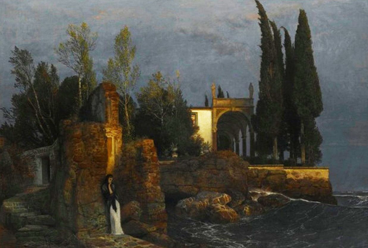 The picture shows a gloomy, nocturnal coastal landscape with rocky cliffs and a churning sea. On the left in the foreground, a melancholy-looking woman in a long white dress and dark cloak stands in front of the remains of an ancient ruin. On the right in the background is a building with columns and tall cypresses, reminiscent of a temple or villa. The scene appears mysterious and lonely, illuminated by a weak, warm light that breaks through the gloomy shadows.  Translated with DeepL.com (free version)