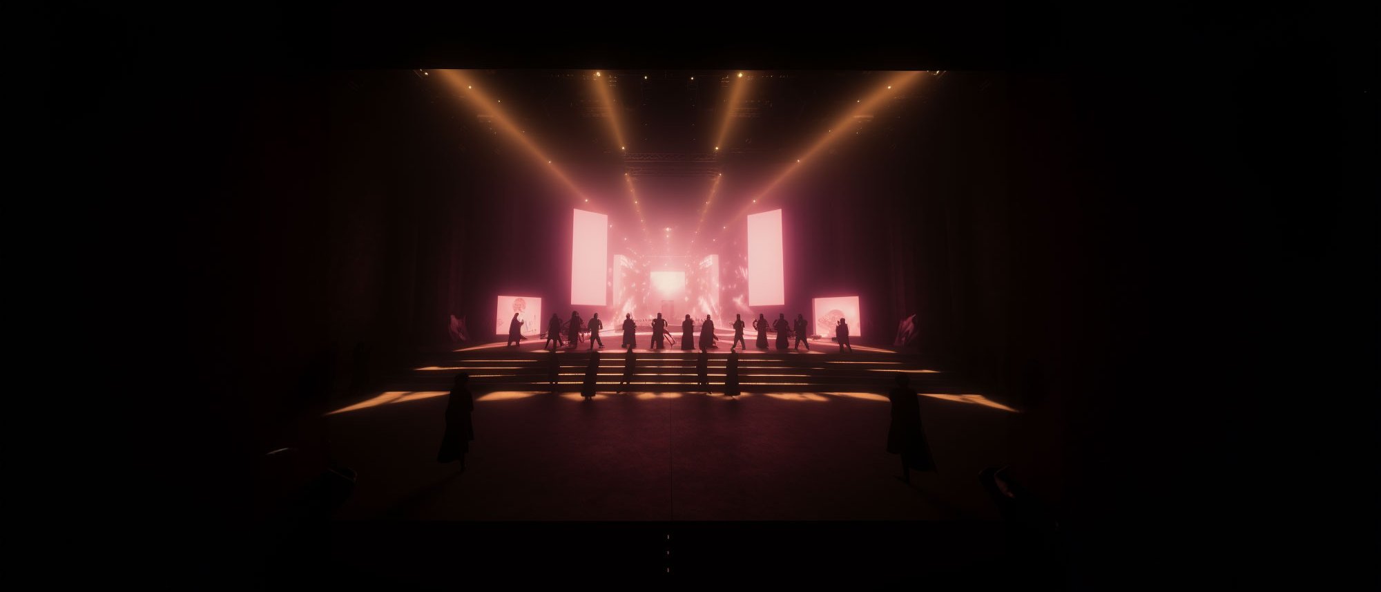 The picture shows a stage with several people standing on a multi-levelled platform. The scene is lit in warm shades of pink and orange, creating an atmospheric ambience. In the background are large, vertical screens with abstract visuals that reinforce the theatrical feel.