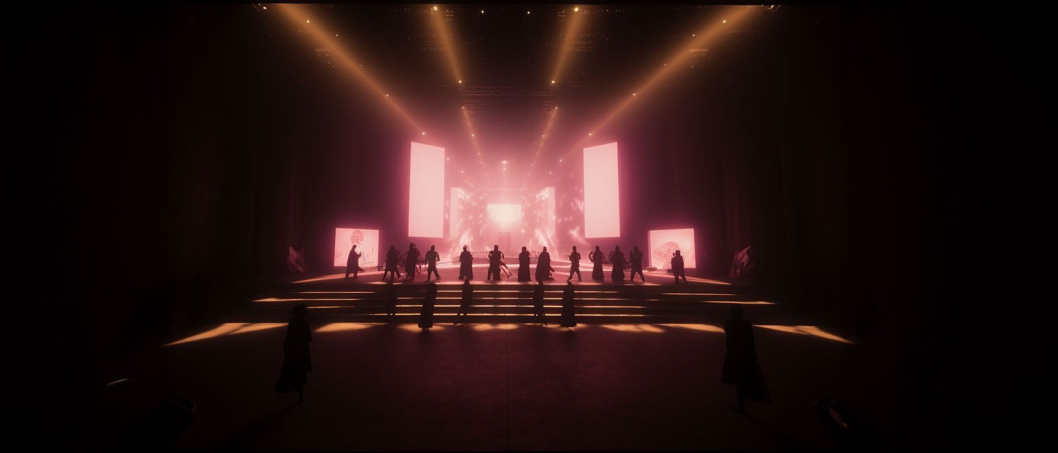 The picture shows a stage with several people standing on a multi-levelled platform. The scene is lit in warm shades of pink and orange, creating an atmospheric ambience. In the background are large, vertical screens with abstract visuals that reinforce the theatrical feel.