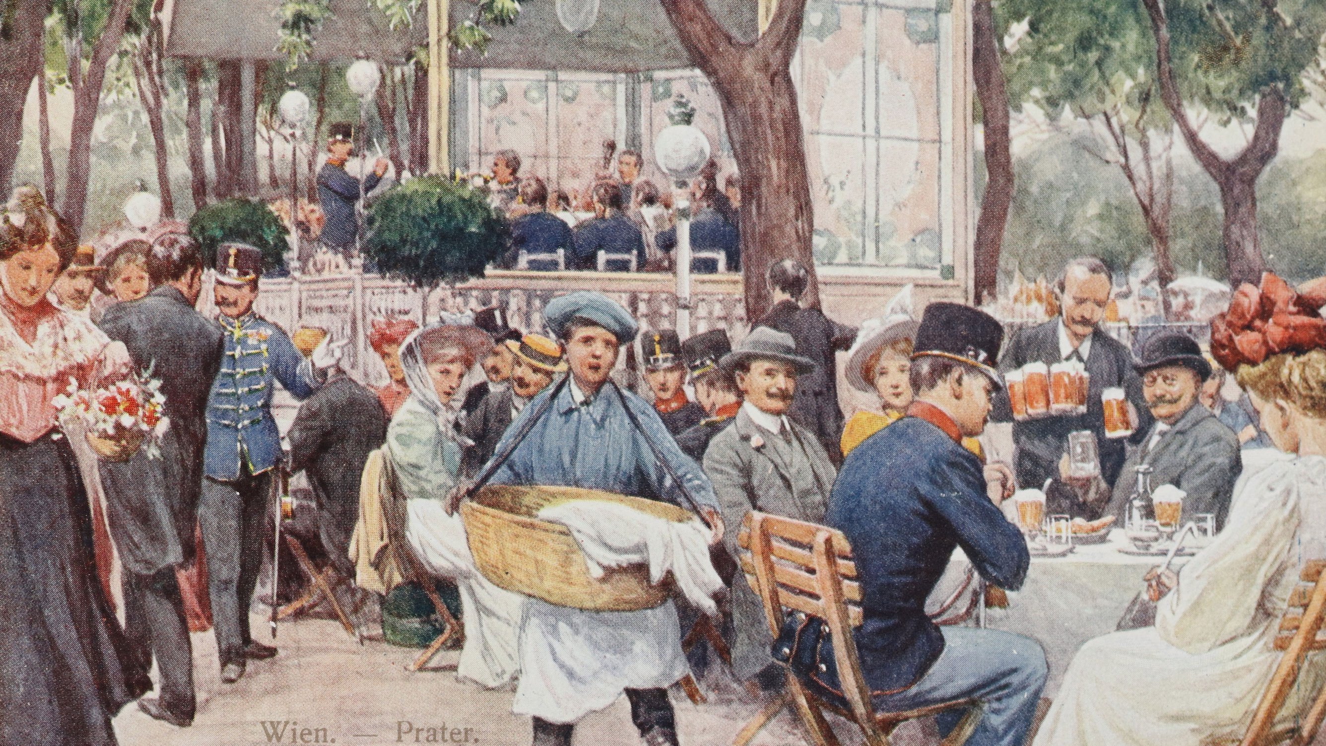 A lively scene in a Viennese coffee house in the Prater: people in period dress sit at tables, drinking beer and coffee, while a musician plays. A boy with a basket walks through the crowd.