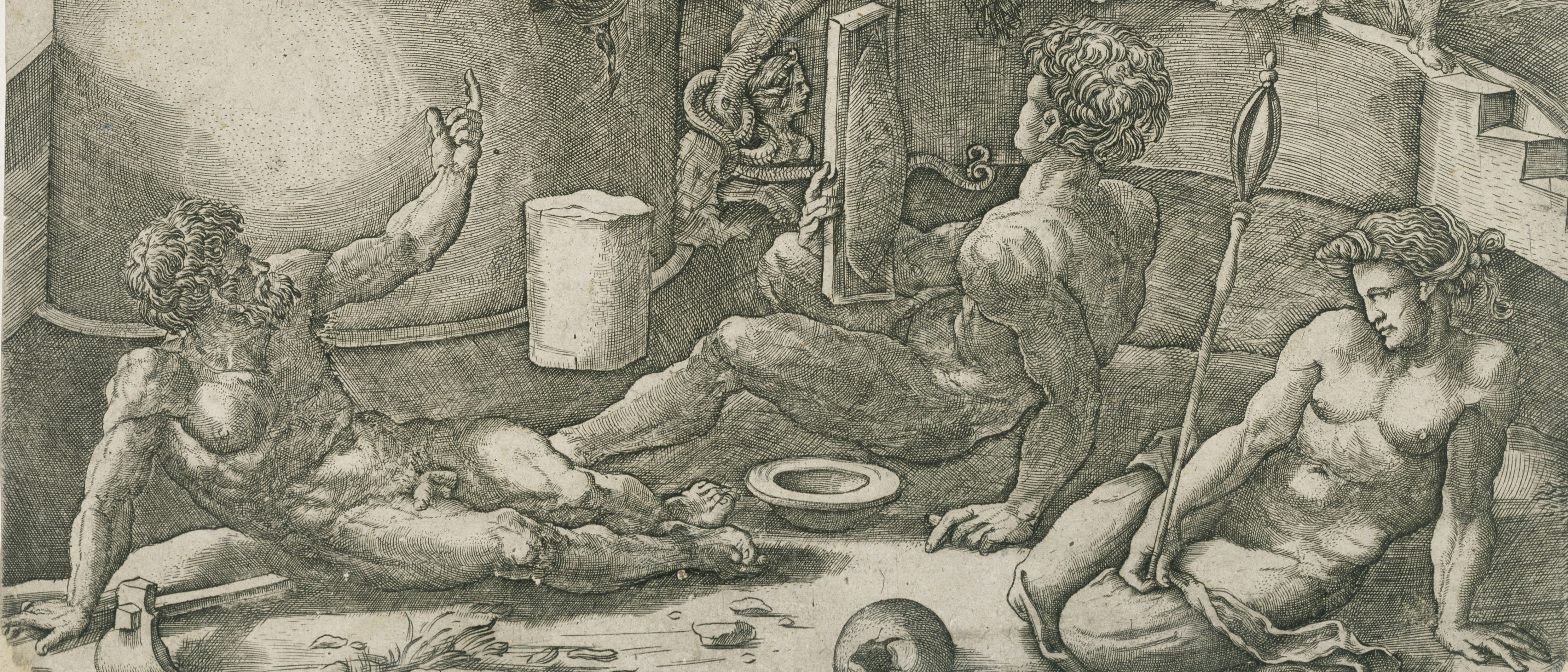 The picture shows an engraved illustration entitled “Allegory of the Expulsion from Paradise”. Several figures can be seen in the foreground, including Adam and Eve, who are depicted naked. On the left, a reclining figure points to a bright light, while another person holds a mirror. An angel with outstretched wings hovers above the scene, symbolizing the expulsion. A tree with a writhing serpent stands in the center of the picture, and on the right Adam and Eve are driven out of paradise by an angel, illustrating the biblical story of expulsion.