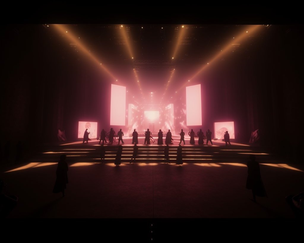 The picture shows a stage in warm, reddish light, on which several silhouetted people are standing on different levels. Large, glowing screens can be seen in the background, creating a futuristic atmosphere. 