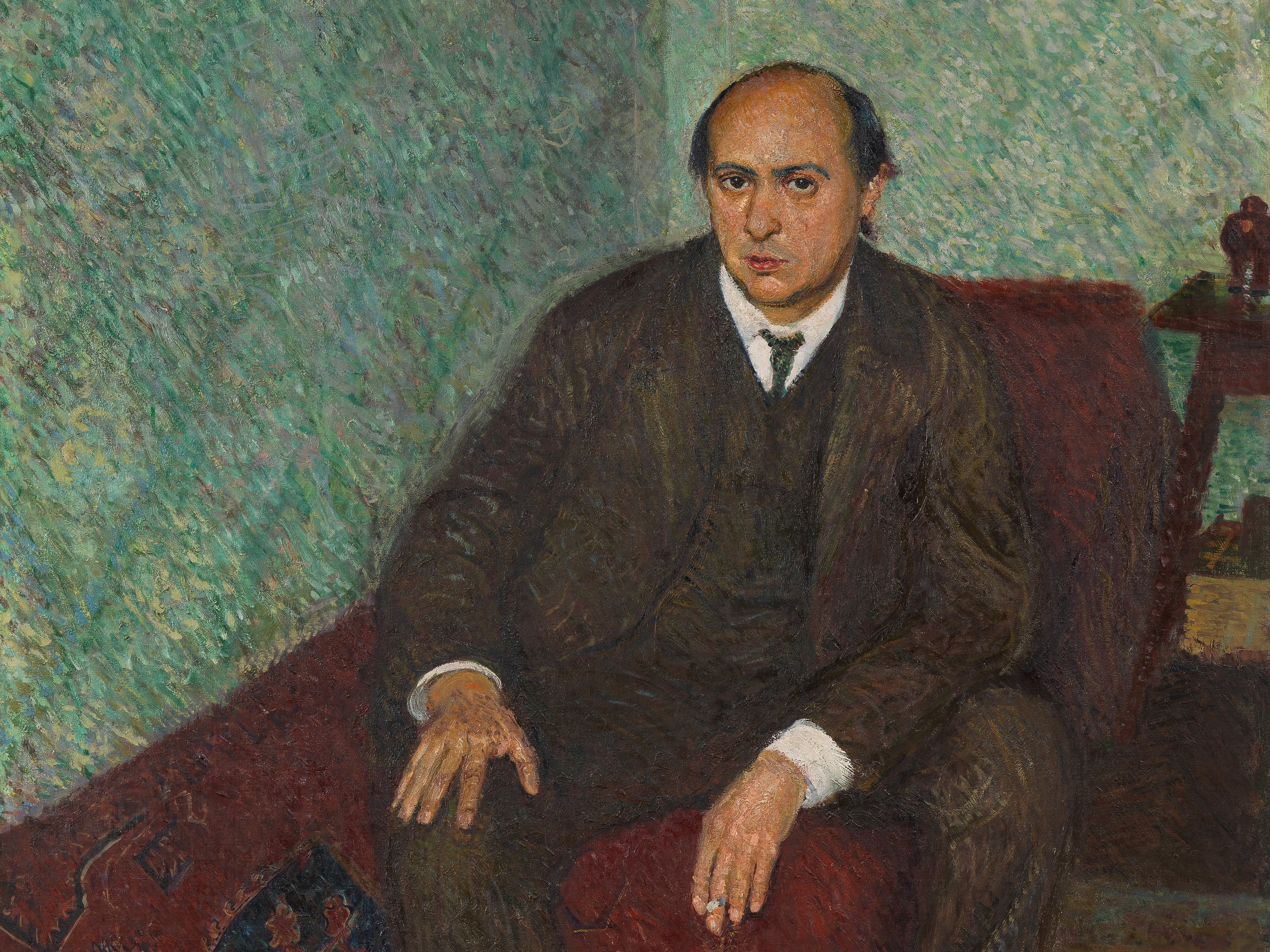 A painting of Schoenberg, sitting on a chair.