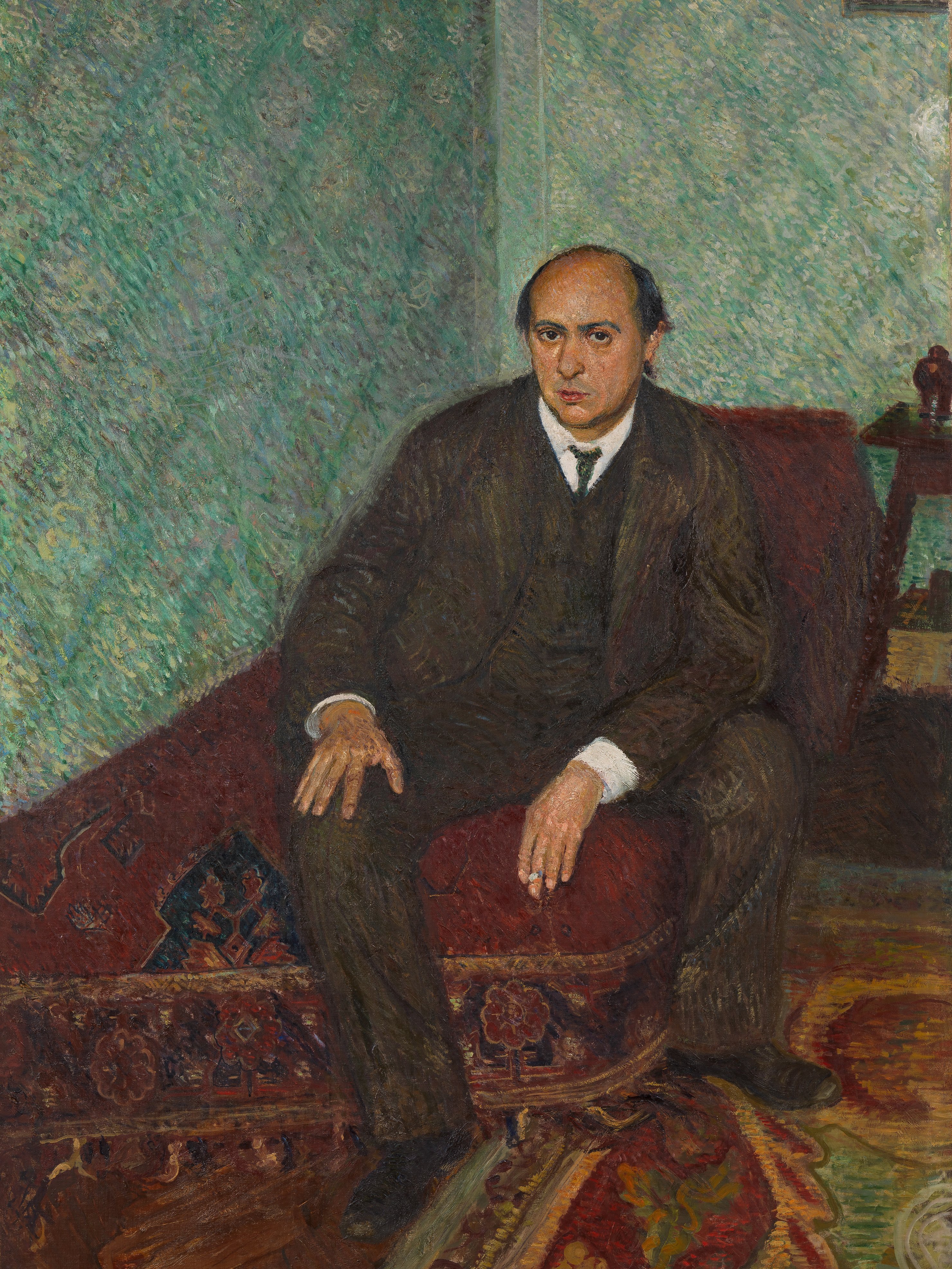 A painting of Schoenberg, sitting on a chair.