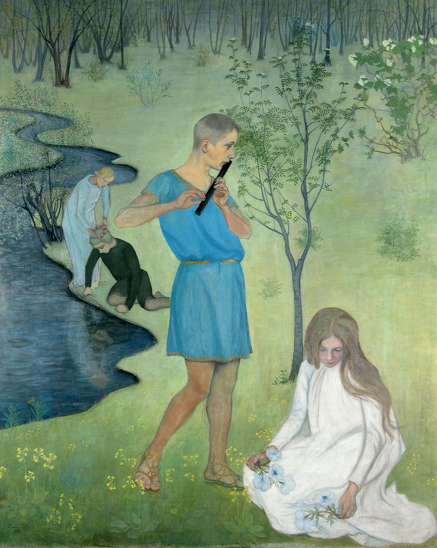 Das Gemälde Pastoraali (1897) von Beda Stjernschantz zeigt eine verträumte Landschaftsszene mit mehreren Figuren. Im Vordergrund steht ein Mann in einem blauen, antik anmutenden Gewand, der eine Flöte spielt. Zu seinen Füßen sitzt eine Frau in einem weißen Kleid, die Blumen sammelt und gedankenverloren zu Boden schaut. Im Hintergrund kniet eine weitere Figur in einem schwarzen Gewand am Ufer eines ruhig fließenden Flusses, während eine weiß gekleidete Gestalt daneben steht und eine Hand auf den Kopf der knienden Person legt, was wie eine tröstende Geste wirkt. Im Hintergrund erstreckt sich ein Wald mit kargen, blattlosen Bäumen, der eine melancholische und stille Atmosphäre schafft.