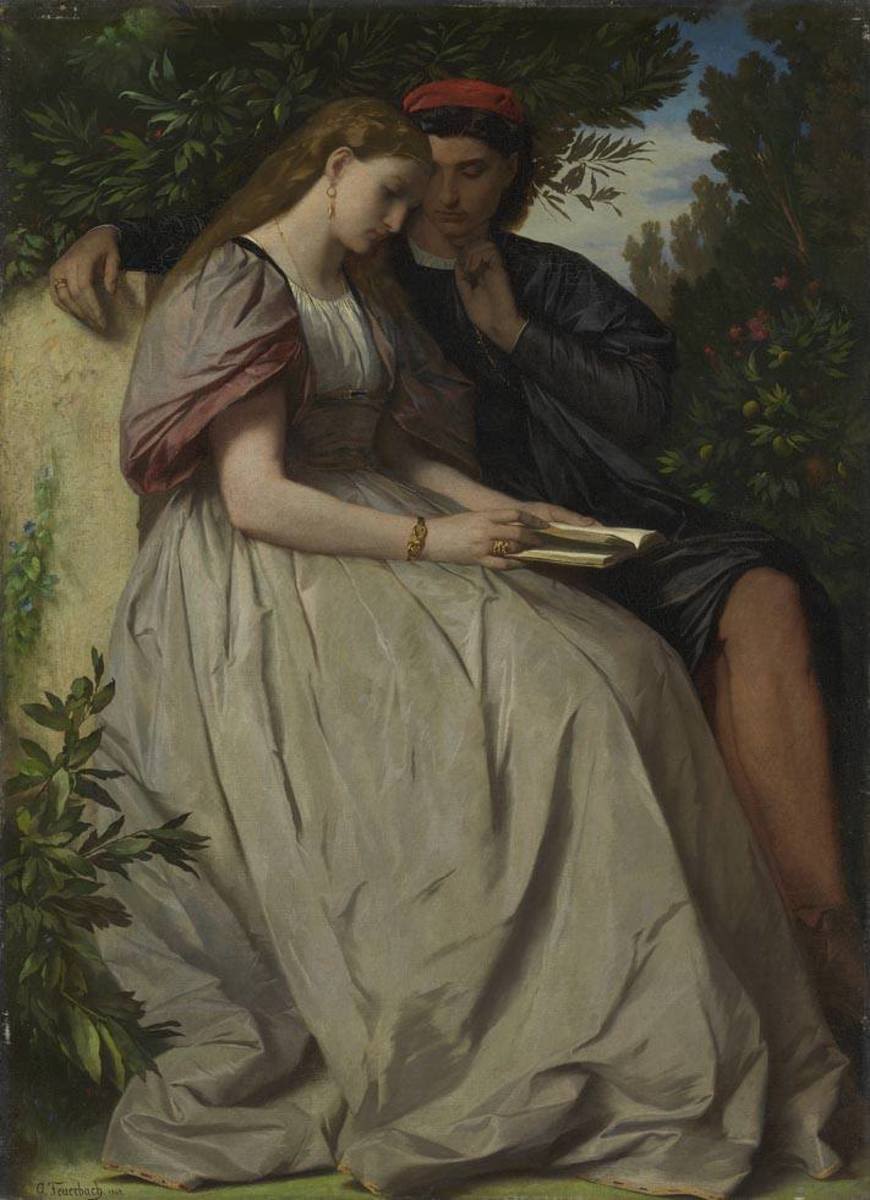 Painting of a couple in an idyllic garden: a young woman in an elegant dress sits next to a man in dark clothing with a red headdress. Both are leaning over an open book while the woman holds it, surrounded by lush greenery.