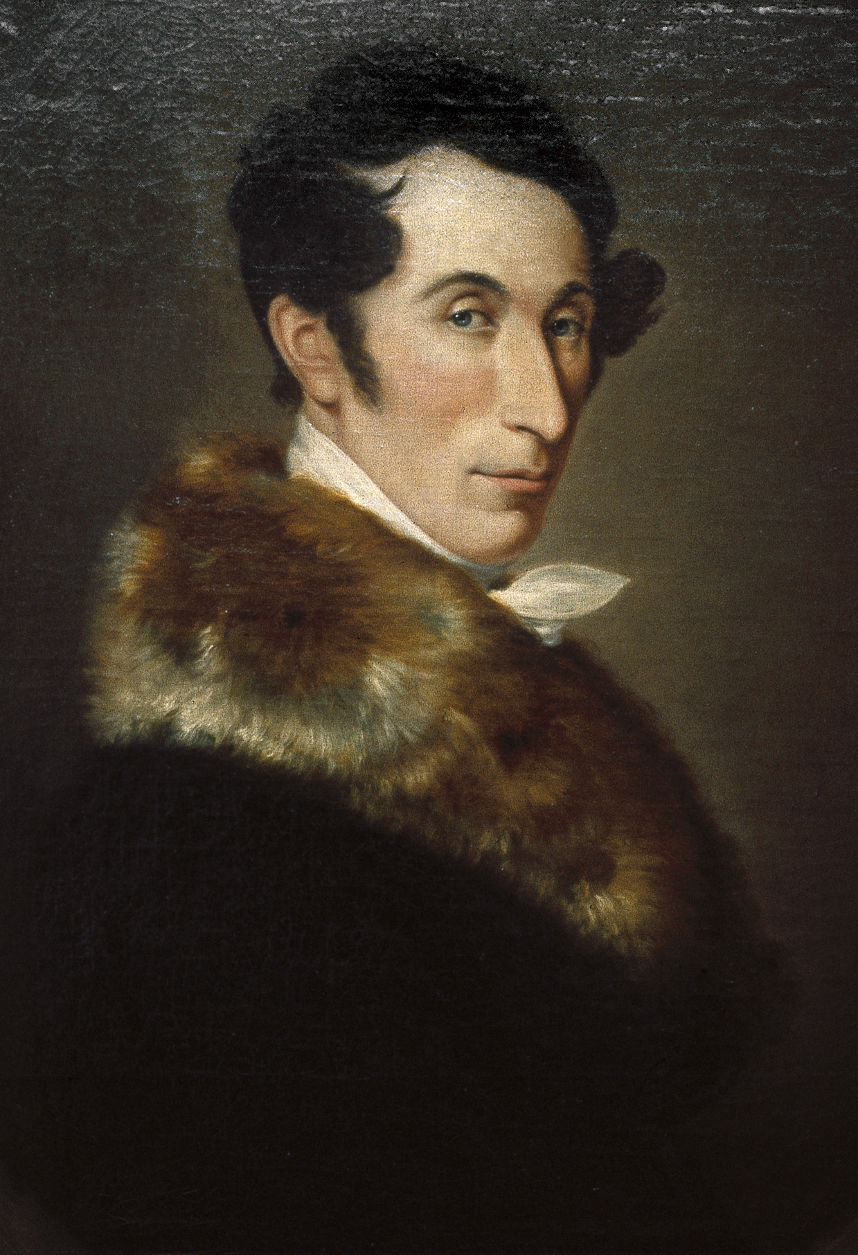 Painting: Carl Maria von Weber in a fur coat, facing the viewer.